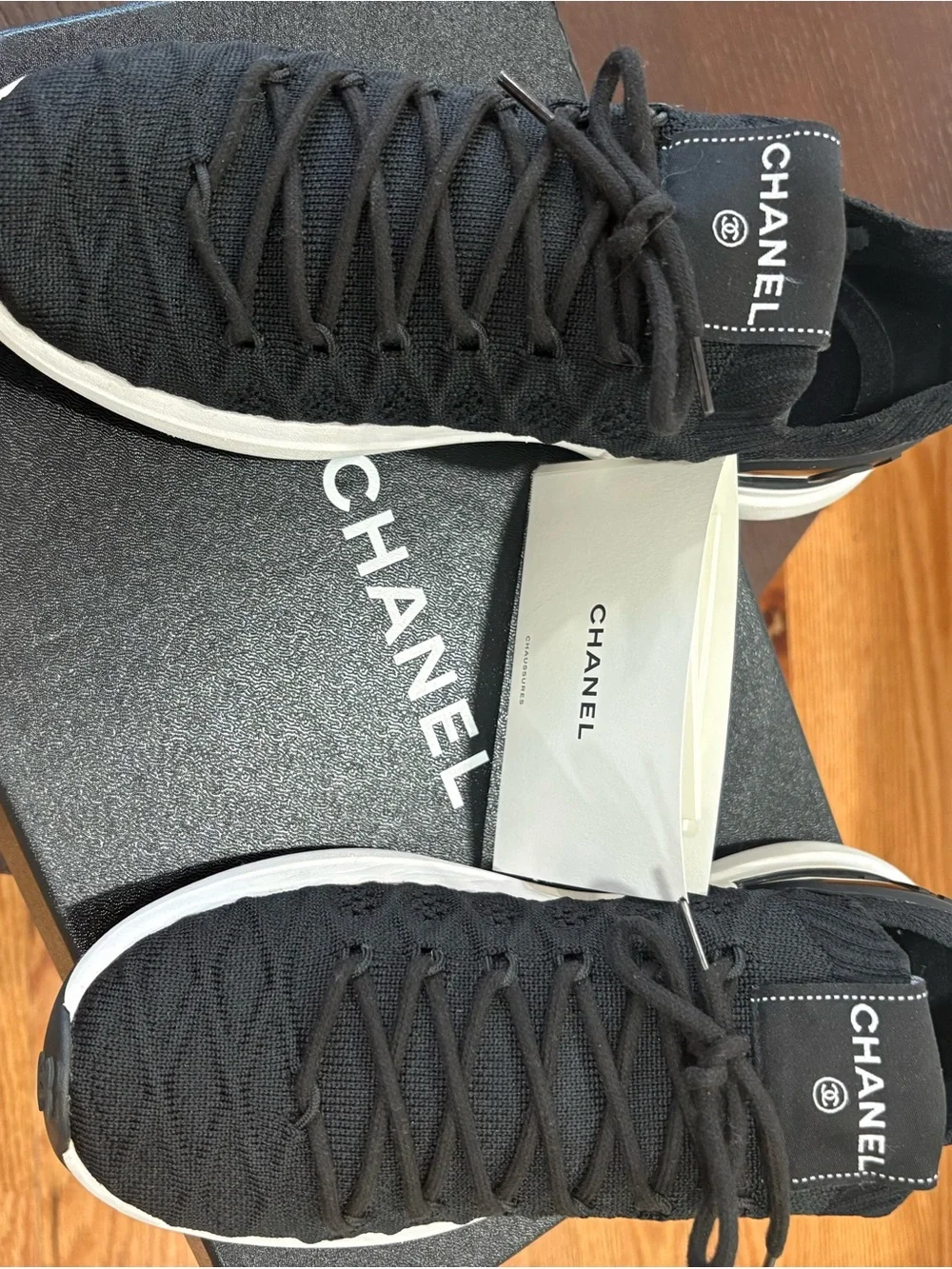 CHANEL Black Knit Lace-Up Low-Top Sneakers with White Midsole